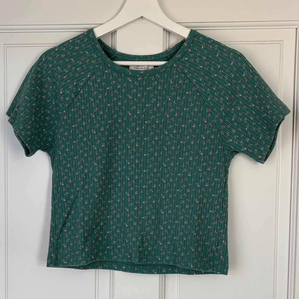 American Eagle Outfitters Teal Green Floral Patterned Cropped Shirt large